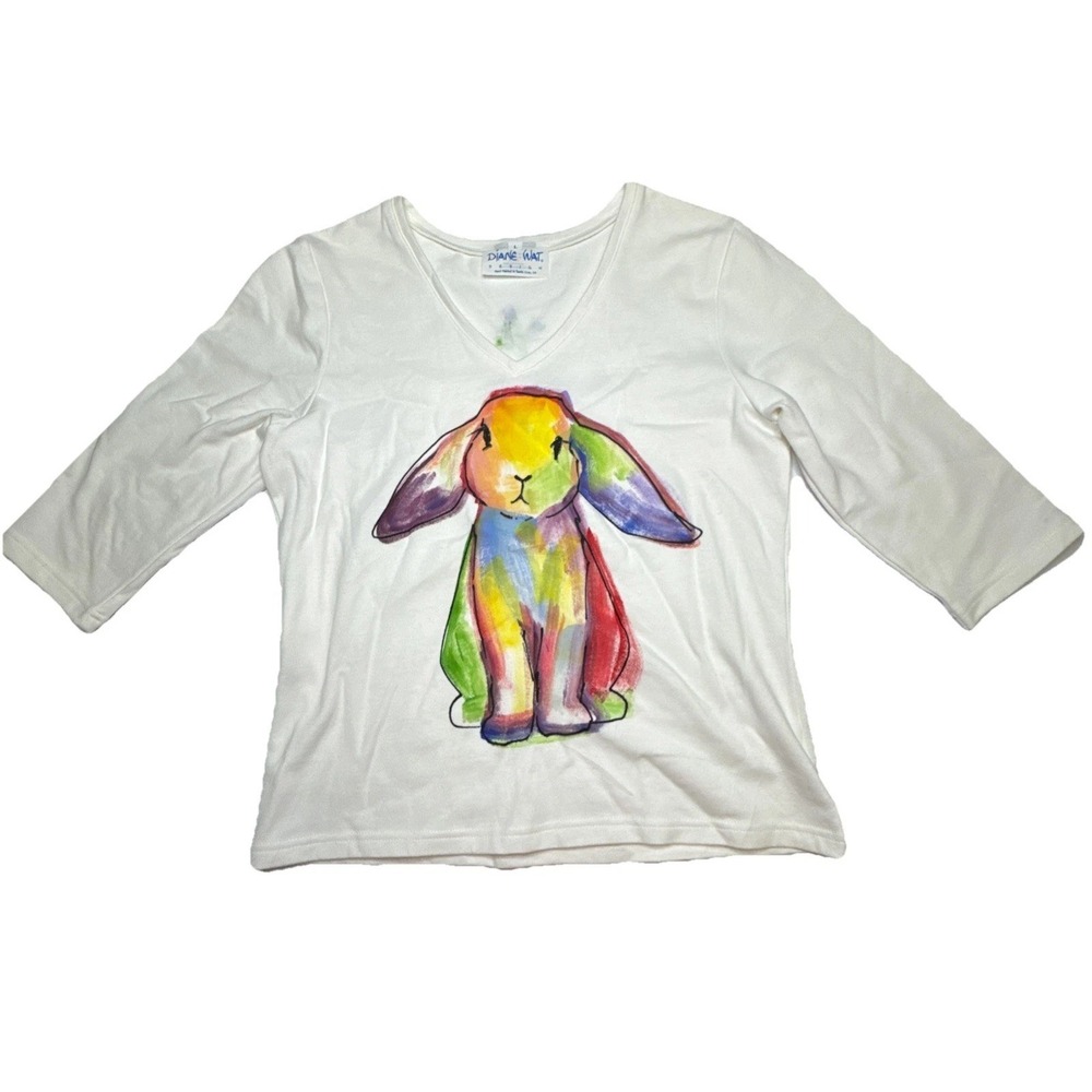 Diane‎ Wat Design Hand Painted Rainbow Bunny V-Neck Top White 3/4 Sleeve Large